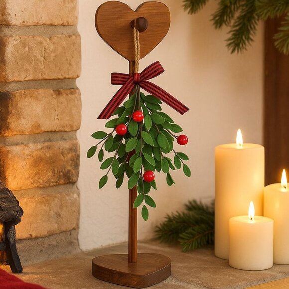 Christmas Mistletoe Ornament Display Stand Rustic Wooden Heart Stocking Holder - Picture 1 of 14